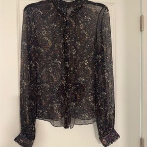 Elie Tahari Feminine Navy Sheer Floral  Blouse with Rust, gold and Cream Accents